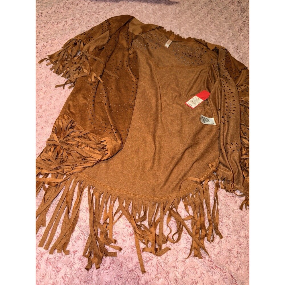Xhilaration Cardigan Womens M/L Brown Fringe Open Front Hole Faux Suede